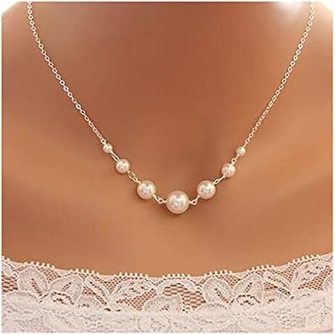 Pearl Pendant Necklace Vintage Faux Pearl Chain Jewelry for Women and Girls (Silver) Cover