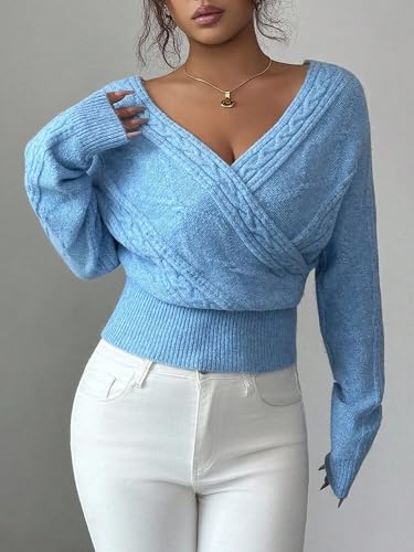 Image of ZAFUL Women's V Neck Cable Knit Sweater Long Sleeve Ribbed Crop Tops Wrap Surplice Solid Casual Pullover Jumper