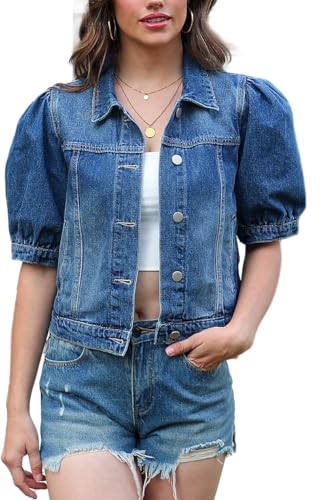 andy & natalie Women's Jean Jacket Cropped Short Puff Sleeve Trendy Denim Jackets with Pockets Medium Dark Denim