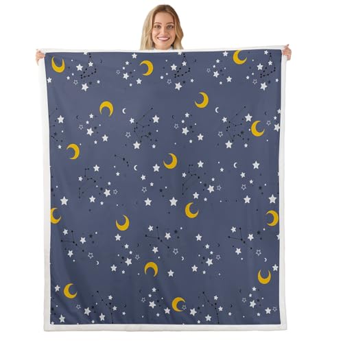Erosebridal Moon & Stars Throw Blanket Boys Girls Galaxy Twin Size Blanket for Kids Toddler Teen, Dreamy Moon Stars Fleece Blanket Constellation Space Illustration Sherpa Blanket for Sofa Couch