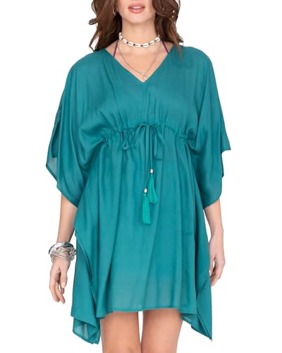 Evita transparencias incómodas con este vestido corto caftán de playa Azul Aqua