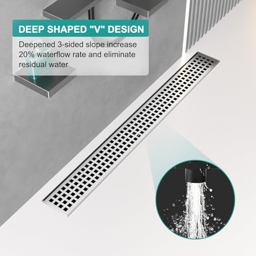 Image of BARONAGE 36 Inch Linear Drain Shower Rectangular Floor Drain with Removable Square Hole Cover and Hair Catcher, Long Shower Drains 304 Stainless Steel CUPC Certified (Brushed Nickel)