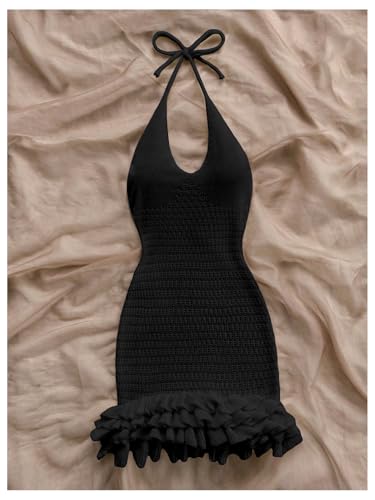 Image of GORGLITTER Women's Vacation Outfit Crochet Halter Knit Bubble Mini Dress Sexy Beach Cruise Summer Miami Resort Outfits