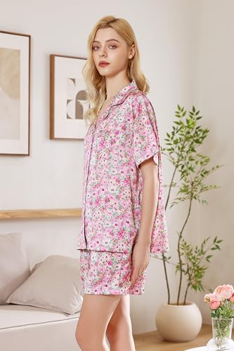 Image of YiNi LuLu Womens Silk Satin Shorts Pajamas Set Button Down 2 Piece Pjs Short Sleeve Oversized Sleepwear with Pockets