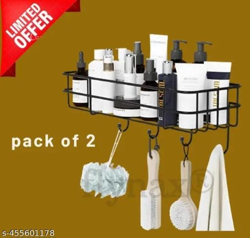 (Pack of 2) Steel Self-Adhesive Multipurpose Bathroom Shelf with Hooks/Towel Holder/Rack/Bathroom Accessories-Wall Mount - Pack of 2 (Black,Powder Coated)|BHR-P1106 1