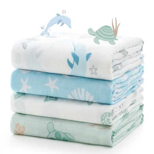 Image of Momcozy Muslin Swaddle Blankets, Ultra Soft Neutral Registry Essentials, Marine Sea Sprite Magic, Breathable Large 47'' x 47'' Newborn Boys Girls Receiving Blanket