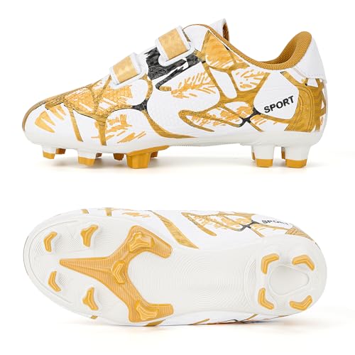 Linkidea Kids FG Soccer Shoes No Laces, Laceless Firm Ground Soccer Cleats for Unisex-Child, Kids Lace Less Soccer Shoes for Grass Field (Gold/White)2