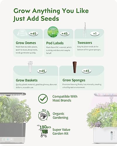 Image of URUQ 180pcs Hydroponic Pods Kit Compatible with AeroGarden & Most Brands | Grow Anything Kit for Hydroponics Growing System, Indoor Garden Herbs, Includes 45 Sponges, 45 Baskets, 45 Domes, 45 Labels