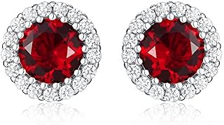 Diamond Treats 925 STERLING SILVER Earrings with White CZ, Sapphire, Emerald or Ruby Simulated Centre & FLAWLESS Cubic Zirconia. The Silver Round Halo Earrings are a Lovely Gift for Her.
