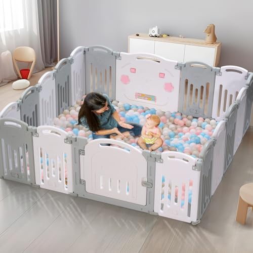 Image of Uanlauo Baby Playpen, 18 Panel Foldable Play Yard for Toddlers, Easy Assemble Safety Baby Fence (Grey+White)