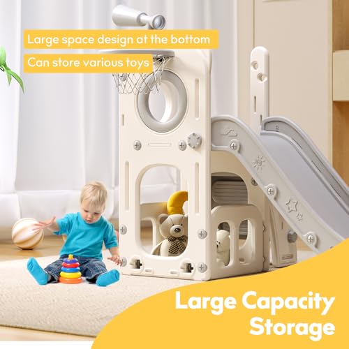 6 in 1 Toddler Playset with Slide,Toddler Slide,Slide for Kids with Basketball Hoop,Ball,Ring Toss,Kids Slide Toddler Playground Toddler Slide Indoor Outdoor Toys