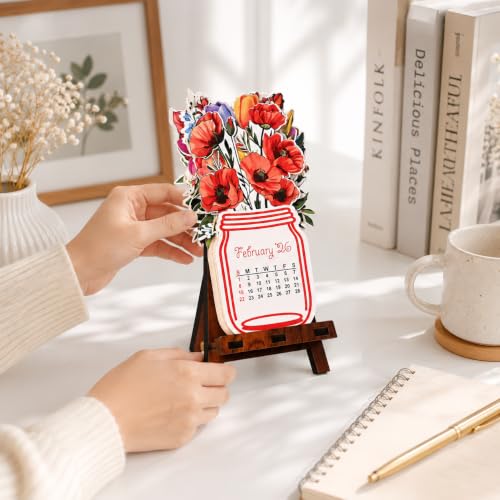 Image of GKD Paper Desk Calendar 2026 with Wooden Stand | Monthly Flip Calendar for Office, Home & Study Table | Aesthetic Floral Theme | Canning Jar Shaped | Eco-Friendly & Durable