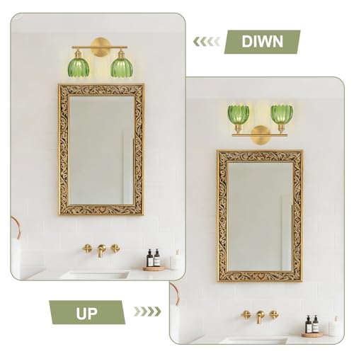 Image of Gold Bathroom Light Fixtures Over Mirror, 2 Light Bathroom Vanity Light with Tulip Green Glass Lampshade, Vintage Vanity Lights for Bathroom Living Room Hallway