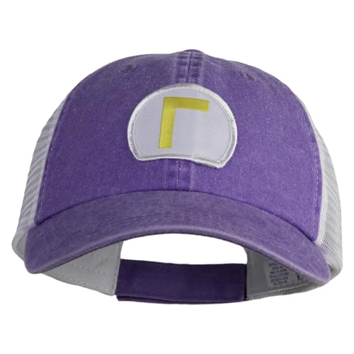 e4Hats.com Waluigi Patched Washed Pigment Dyed Twill Trucker Cap - Purple White OSFM