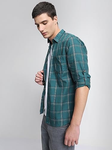 Image of Dennis Lingo Men's Khaki Cotton Casual Shirt, Full Sleeve Slim Fit Spread Collar