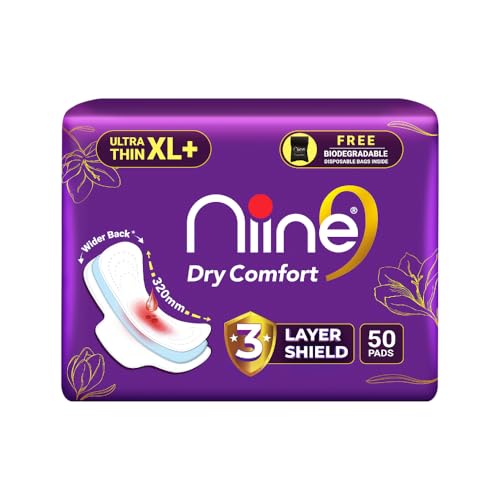 Image of NIINE Dry Comfort Ultra Thin XL+ Sanitary Napkins for Heavy Flow (Pack of 3) 150 Pads with Free Biodegradable disposable bags