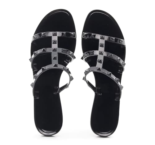 Image of Women Flats Sandals, Studded Jelly Shoes Size 9 Red Dressy Summer Beach Rivets Strappy Jellies Slide Slip On Open Toes