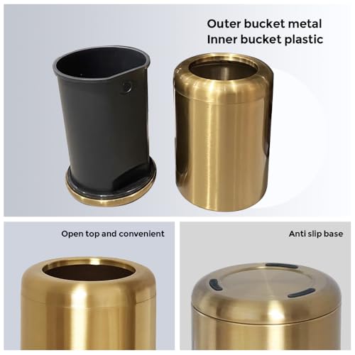 Image of 2.6Gallon /10L Bathroom Brass Trash Can, Bronze Brushed Gold Garbage Can, Stainless Steel Waste Basket, for Bedroom Hotel Powder Room Rv Home Toilet Office (135 Gold)