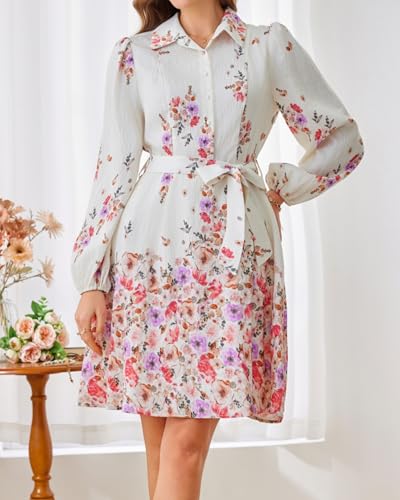 Image of Women Long Sleeve Spring Button Down A-Line Floral Print Summer Cocktail Shirt Dresses with Belt