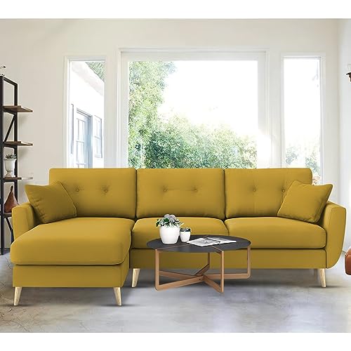 Image of BRAXTON Lindel LHS 4 Seater L Shape Sofa Set for Living Room (Yellow) Premium Velvet Fabric Sofa