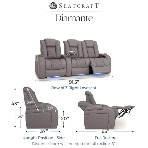 Image of Seatcraft Diamante Gray Italian Leather Home Theater Seating, Zero Gravity Power Recliner Gaming and Home Office Chair, Powered Headrest Lounge Sofa Furniture for Cinema Room, Row of 3 Right Loveseats