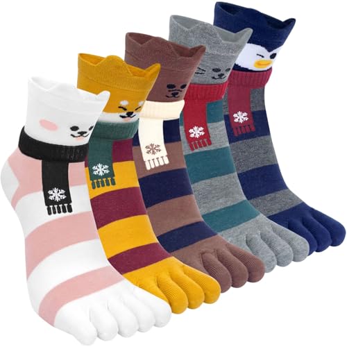 Women's Cotton Five Finger Toe Crew Socks - Novelty Mid-Calf Cute Sports Athletic Running Socks