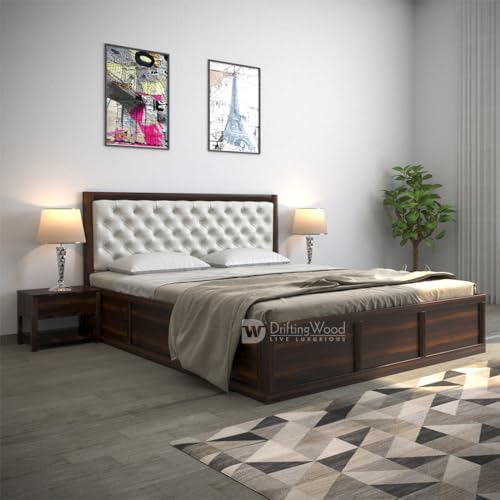 Image of DRIFTINGWOOD Dolvi Sheesham Wood King Size Bed with Storage | Wooden Double Bed Cot Bed with Box Storage & White Rexine Upholstered Cushioned Headboard for Bedroom | Walnut Finish