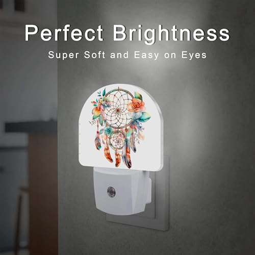 Image of Boho Dream Catcher Flowers Night Light, Watercolor Boho Feathers Floral Dusk to Dawn Night Light Plug in, 0.5w Energy Saving Sleep Friendly NightLight for Kids Boys Girls Home Decor
