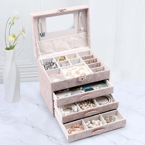 Image of BucketList Luxury PU Leather Jewellery Organizer Box with Mirror & Lock | 3 Drawer Jewelry Storage Case with Ring Rolls & Compartments (4 Drawers Jewelry Box with Mirror (Grey))
