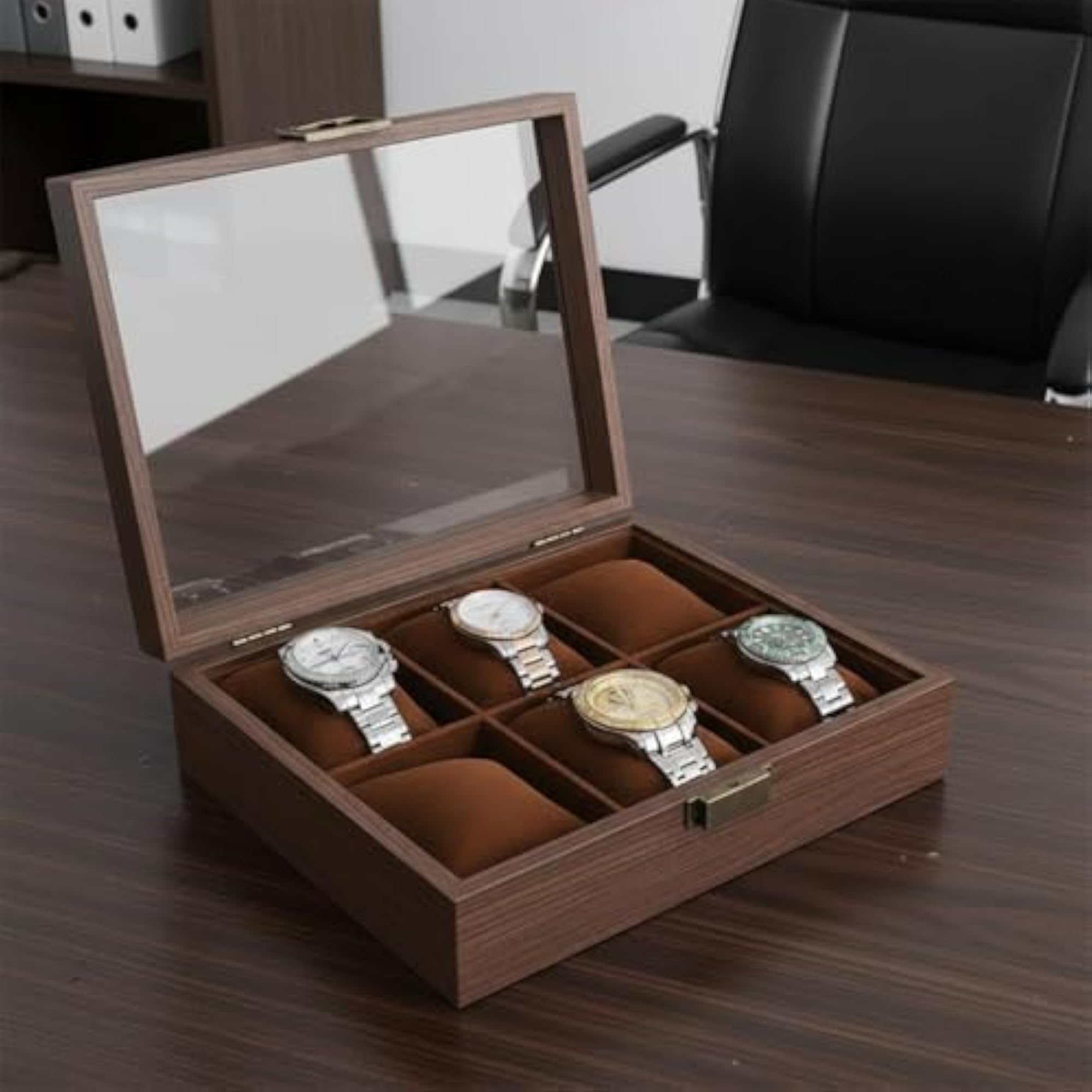 6-Slot Watch Box with Transparent Window and Clasp Closure