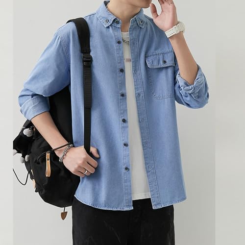 Men Cowboy Long Sleeve Shirt Regular Fit Button Denim Shirts Cotton Work Front Pocket Jean Jackets2