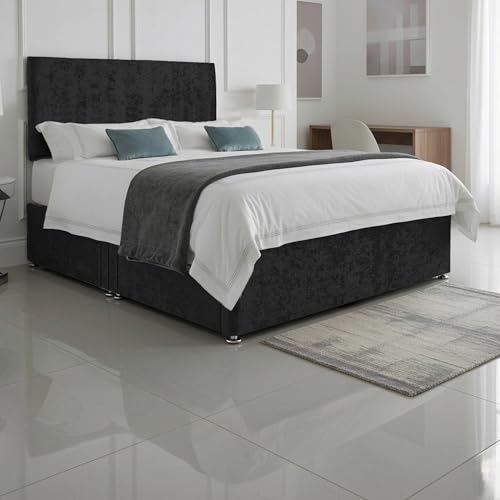 SANA SLEEP Classic Premium Fabric Divan Bed Set With Open Coil Memory Foam Mattress, 2 Drawers (Same Side) and Matching Headboard 4FT6 Double - Black Crushed Velvet
