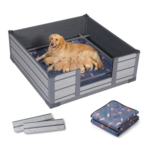 PureWags 38 x 38 x 14 Pet Whelping Box Kit with Built-in Floor and Reusable Potty Pad Puppy Playpen for Small to Medium Breeds Non-Toxic PP Material for Newborn Safety