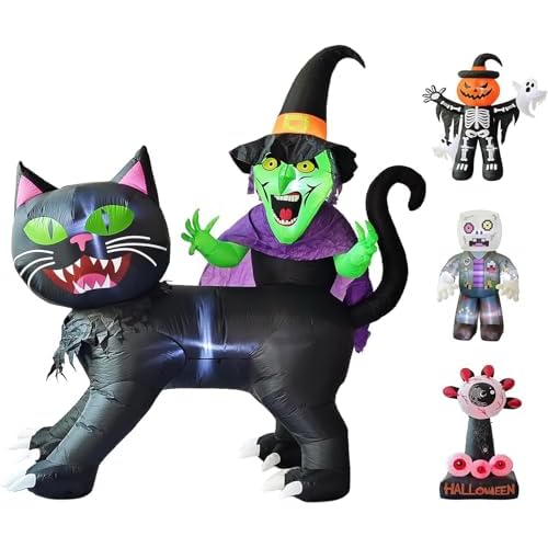 LANGXUN 8ft Witch Riding Black Cat 2025 Halloween Inflatable Decoration - Giant Blow-Up Yard Decor with LED Lights for Outdoor Lawn, Garden, Patio Cut