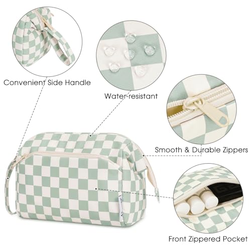 Narwey Large Makeup Bag Wide-Open Zipper Pouch Travel Wash Bag Toiletry Bag Cosmetic Organizer for Women (Mint Green Checkerboard) - Image 4