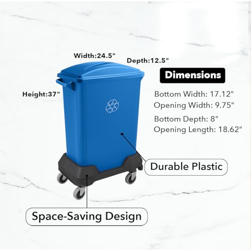 Image of 16 Gallon Slim Rectangular Garbage Can - with Paper Slot Lid + Wheels - Blue