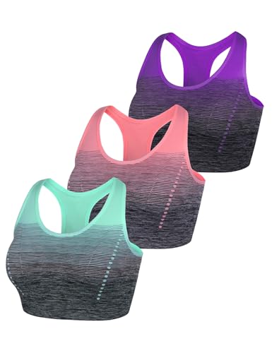 Sykooria Damen Sport BH Gepolstert Bustier Damen BH ohne Buegel Racerback Push up BH mit Farbverlauf Sport Top für Yoga Fitness, 3 PCS, Grün+violett+pink, M