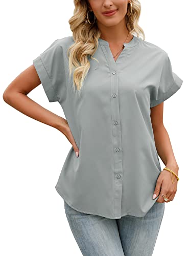 Onfettic Damen Bluse Kurzarm Sommer Elegant Oberteile Hemd Casual Tuniken Shirt Lose Einfarbig Tops(C Grau,M) Cover