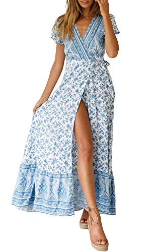 R.Vivimos Women s Summer Short Sleeve Floral Print Bohemian Beach Waist Tie Wrap Long Flowy Dress with Slit (Large, WhiteBlue)