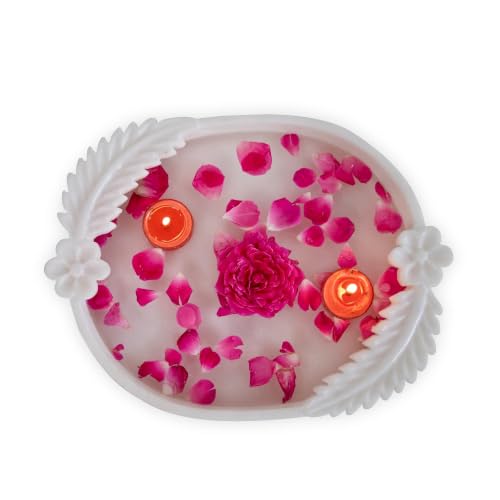 Image of Marble Urli Bowl for Decoration | Big Potpourri Decorative Bowls in Home decor | Large White Floating Flower Plates of Stone | Small Shape puja Item | (12 inch, Leafy Bowl)