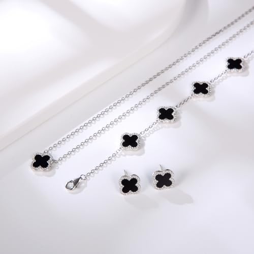 Four Leaf Clover Earrings 925 Sterling Silver for Women,Stud Earrings Jewelry with Black Onyx and Mother of Pearl,Elegant Gift for Her4