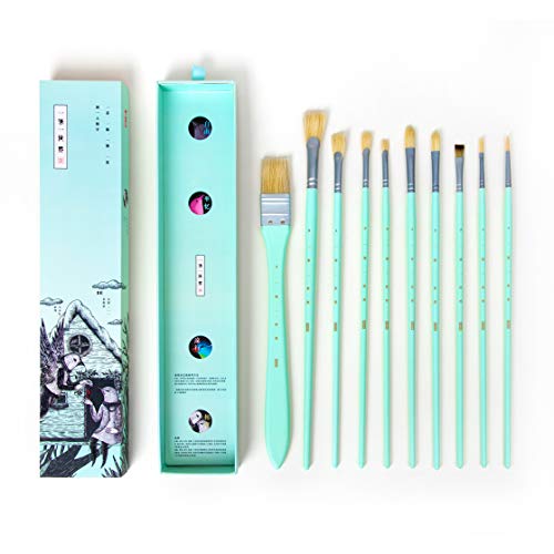 Miya Artist Paint Brushes Set for Acrylic Oil Watercolor Face & Body Gouache Painting with Hog Hairs,Nice Gift for Artist,Kids & Adults,10 Pcs（Green）