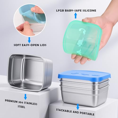 Image of Tanjiae 3-Pack Stainless Steel Snack Containers - 550ml (18oz) Leakproof Colorful Lids with Cute Dinosaurs | LFGB Certified, Stackable Metal Lunch Box for Home, Picnic, Travel