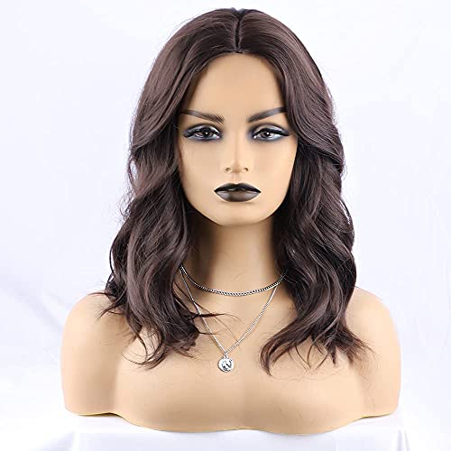 FORCUTEU Short Brown Wigs for Women Short Wavy Wig Shoulder Length Brown Wig Short Wavy Brown Wig Middle Part Wigs Synthetic Wigs for Daily Party Use (16 Inch Brown)