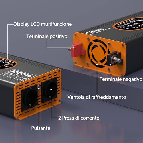 Wechselrichter 2000W 12V auf 230V Reine Sinuswelle - Spannungswandler LCD Display mit 2 EU-Steckdosen und 3 USB Typ-C Port，Steckdose mit Fernbedienung für Wohnmobil Auto Camping
