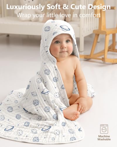Image of Baby Bath Towels, 100% Muslin Cotton Hooded Baby Towels for Newborn, 2 Pack Baby Towels with Hood for Infant Toddler and Kids, Large 32x32Inch Bath Essentials, Soft and Absorbent Blue Planet