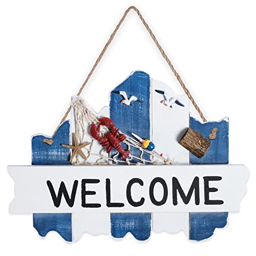 Apriciti Wooden Welcome Sign Plaque Wall Hanging Sign Board Decor Porch, Nautical Beach Style Fence Type Door Plaque Decorative Home Door