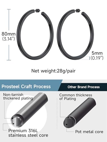 Image of Stainless Steel Chunky Hoop Earrings For Women, Minimalist and Chic, Black /Gold Plated, Round Hoops Earrings Hypoallergenic, Size: 30mm /40mm /60mm /80mm, Come with Box