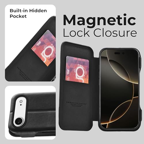 Image of PULOKA Premium Leather Flip Cover Compatible with iPhone 17 AIR - Slim Magnetic Lock Wallet Case with Card Slot, Shockproof TPU Inner, Full Body Protection & Raised Camera Guard (Black)