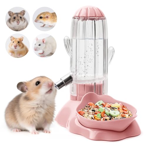 VANNON 2 in 1 Hamster Feeder Small Animal Water Bottle & Food Bowl Water Dispenser & Food Dish Bowl for Hamster Small Mice Rat Gerbil 4.6oz/130ml BPA Free Pink